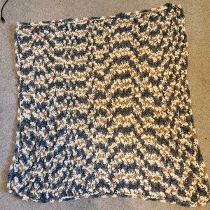 Handmade Crocheted Cozy Knitted Blanket in Blue and Cream And Gold